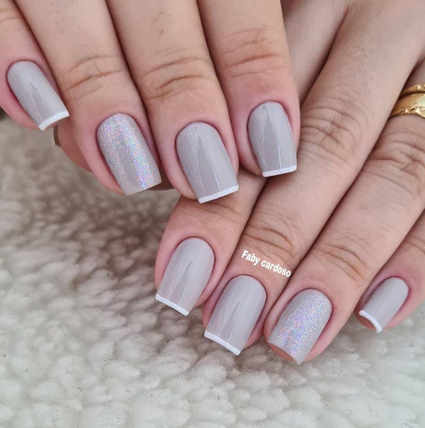 Short Square French with Glitter Accents — Winter Gray Nails