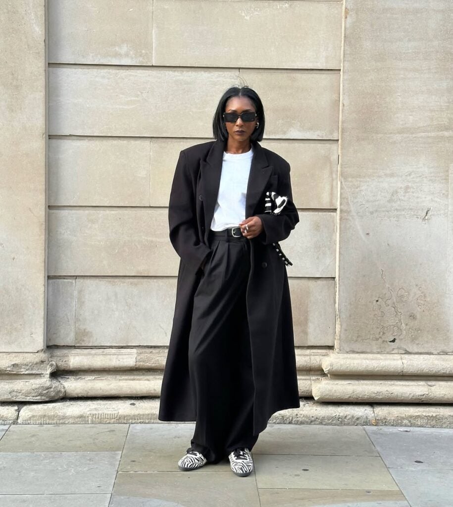 Oversized Wool Coat with Zebra Print Sneakers — Winter Outfits with Sneakers