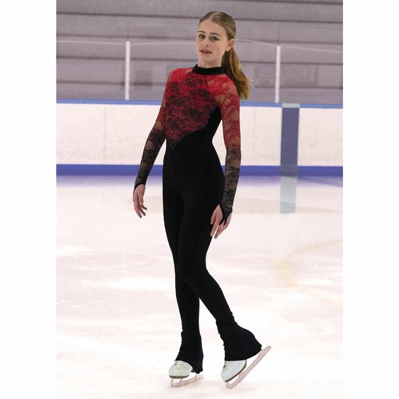 Black Catsuit with Red Lace Detailing and Flared Leg Warmers Black Catsuit with Red Lace Detailing and Flared Leg Warmers — Ice Skating Outfits