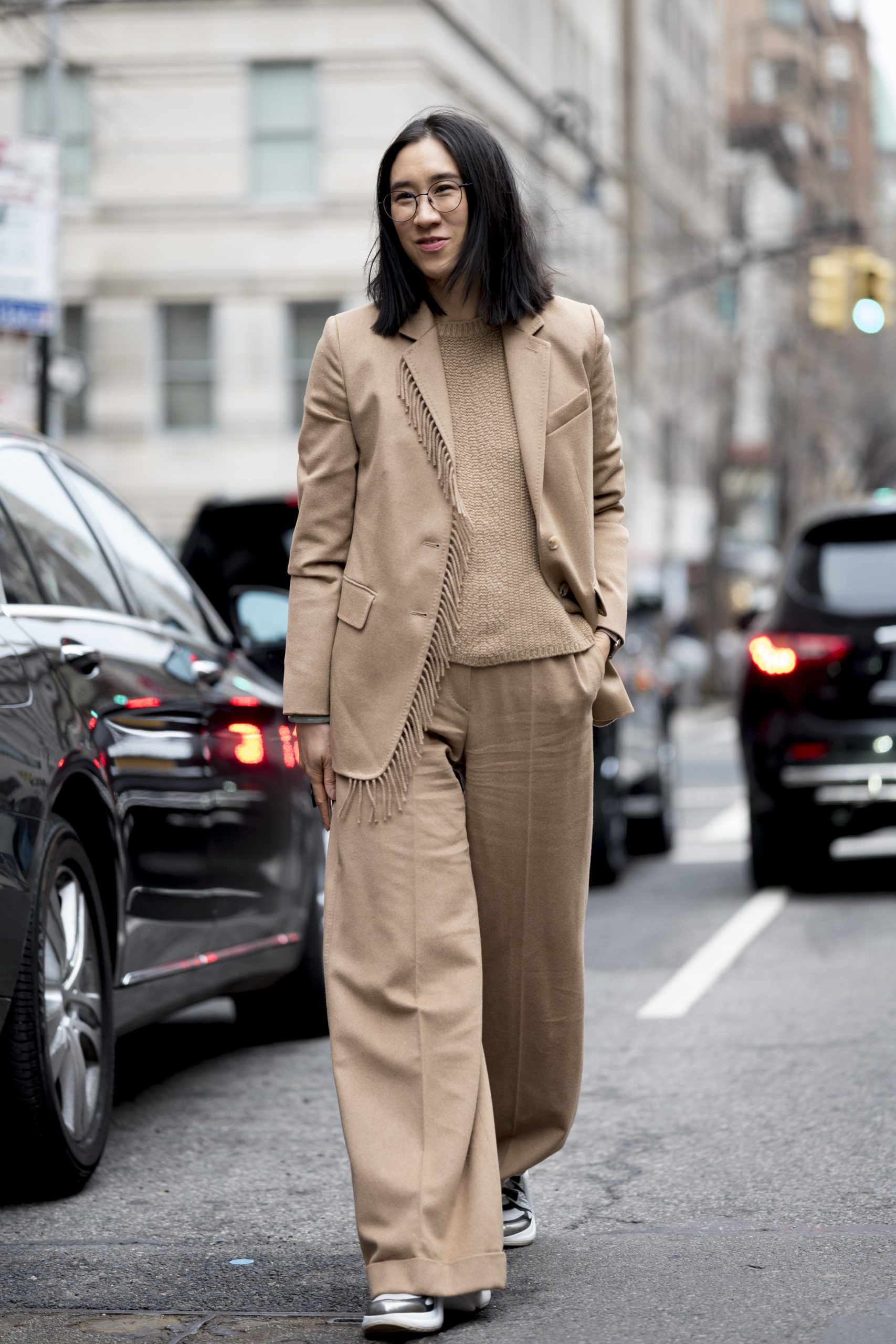 Textured Knit Under a Beige Fringed Suit Textured Knit Under a Beige Fringed Suit — Winter Layering Outfits