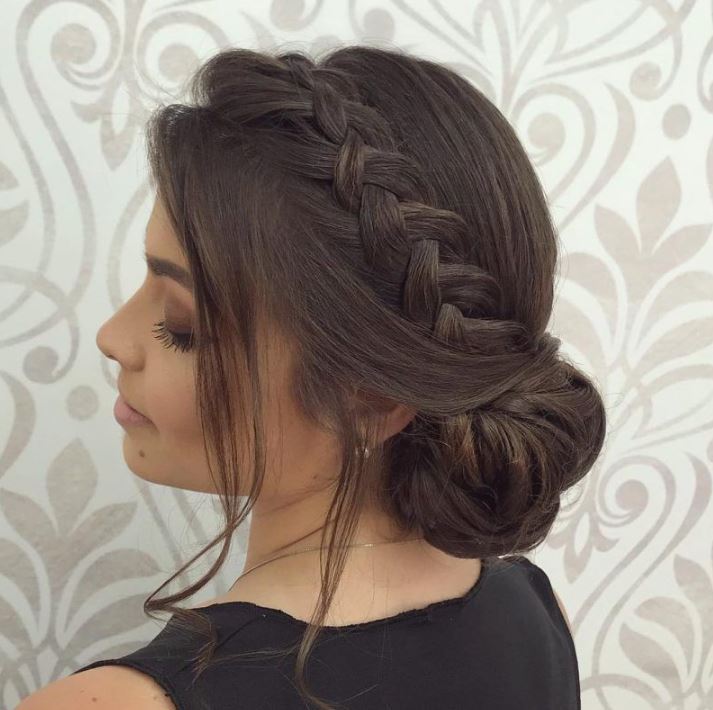 Dark Brown Braided Crown Low Bun — Winter Wedding Hairstyles