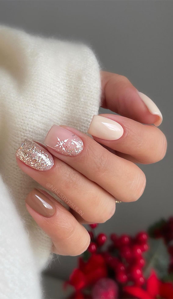 Nude Glitter Snowflake Accent Short Nails Nude Glitter Snowflake Accent Short Nails — Winter Glitter Nails