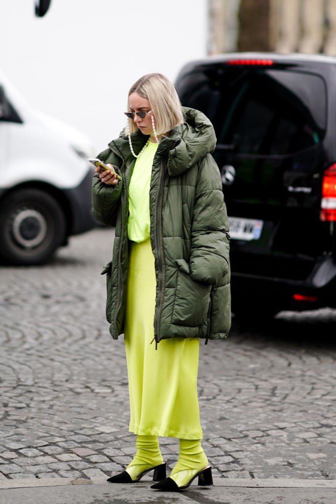 Oversized Olive Puffer Jacket Over Neon Satin Dress — Winter Puffer Jacket Outfits