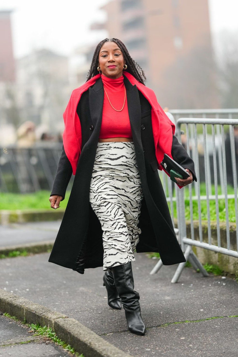 Zebra Skirt and Red Turtleneck with Black Slouchy Boots — Slouchy Boots Outfits