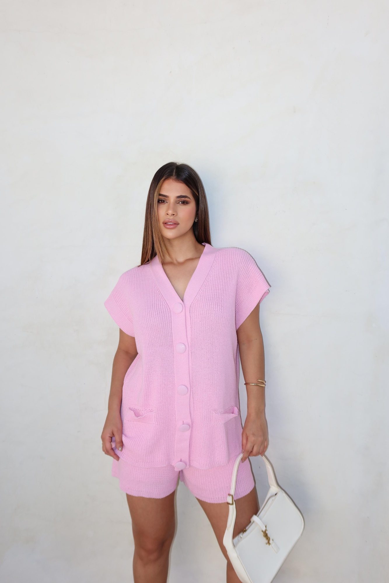 Vibrant Pink Knit Set with Cardigan and Shorts Vibrant Pink Knit Set with Cardigan and Shorts — Knit Set Outfits