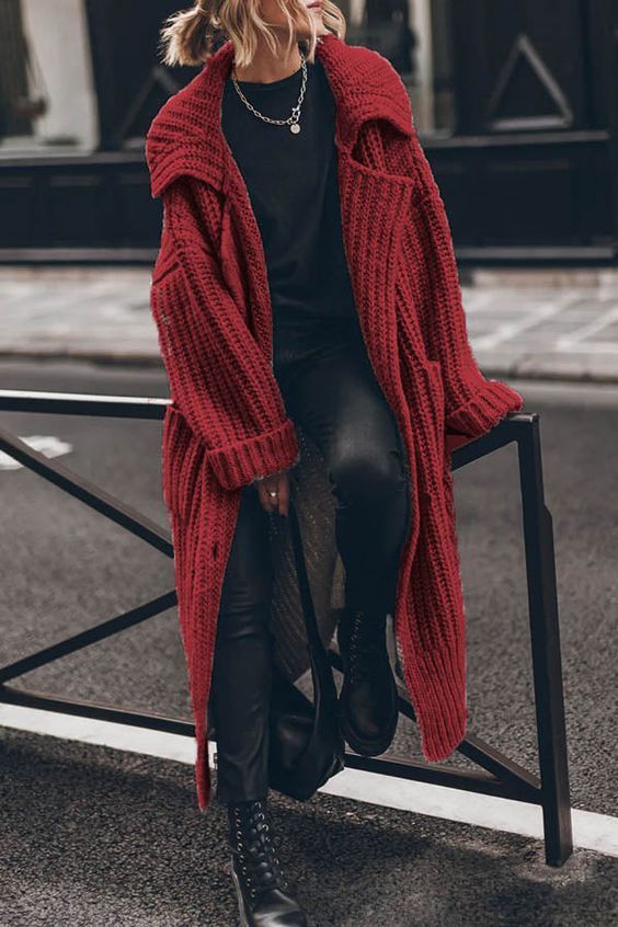 Cozy Statement: Vibrant Red Knit Cardigan — Late Winter Outfits