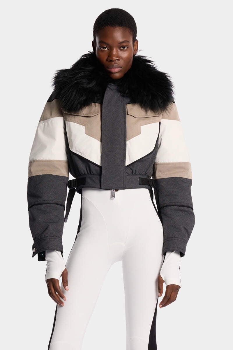 Color-Blocked Puffer with Fur Collar and Fitted Pants for High-Fashion Apres-Ski — Apres Ski Outfits
