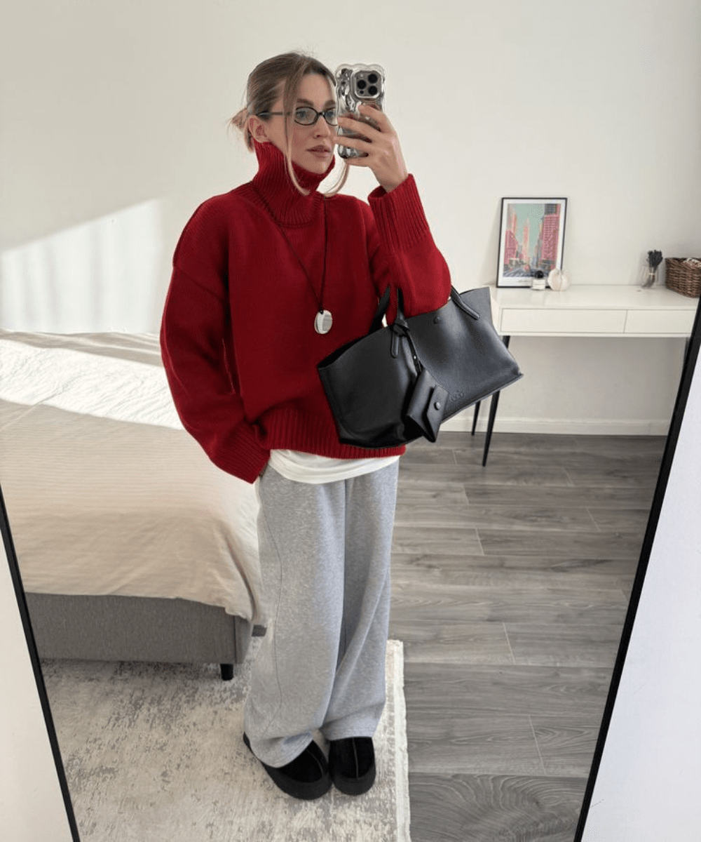 Cozy Turtleneck and Sweatpants with Platform Slides — Sweatpants Outfits