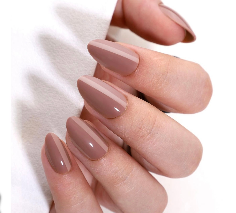 Glossy Muted Taupe Brown Medium Almonds — Mocha Nails