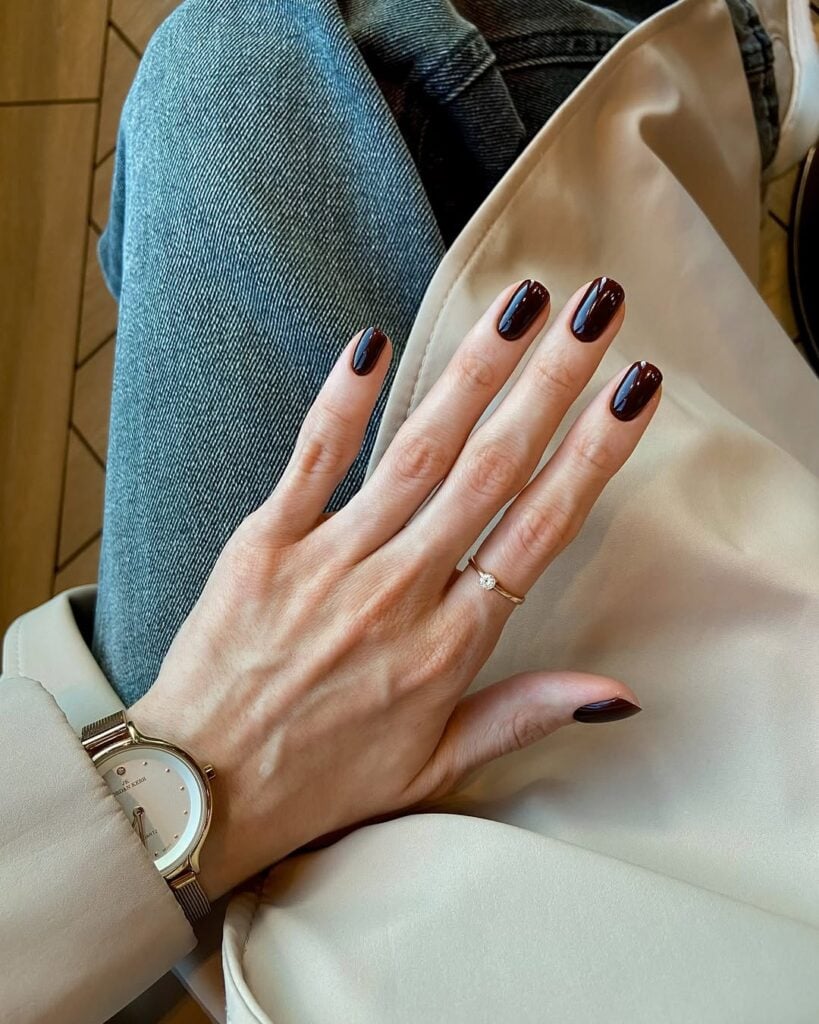 Deep Brown with Subtle Red Undertones — Short Winter Gel Nails