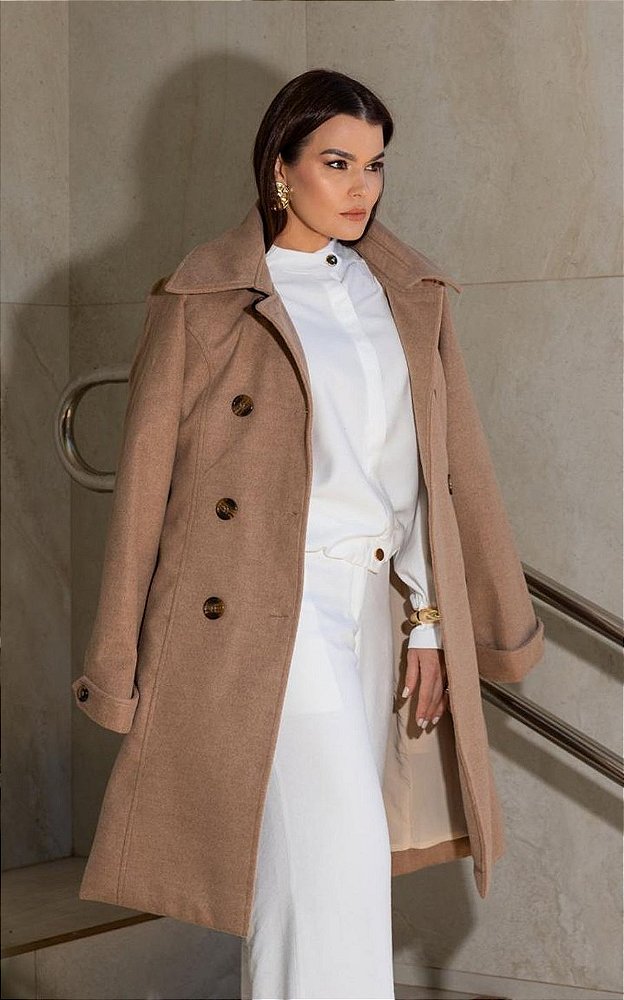 Camel Long Coat with Large Buttons and White Trousers — Long Coat Outfits