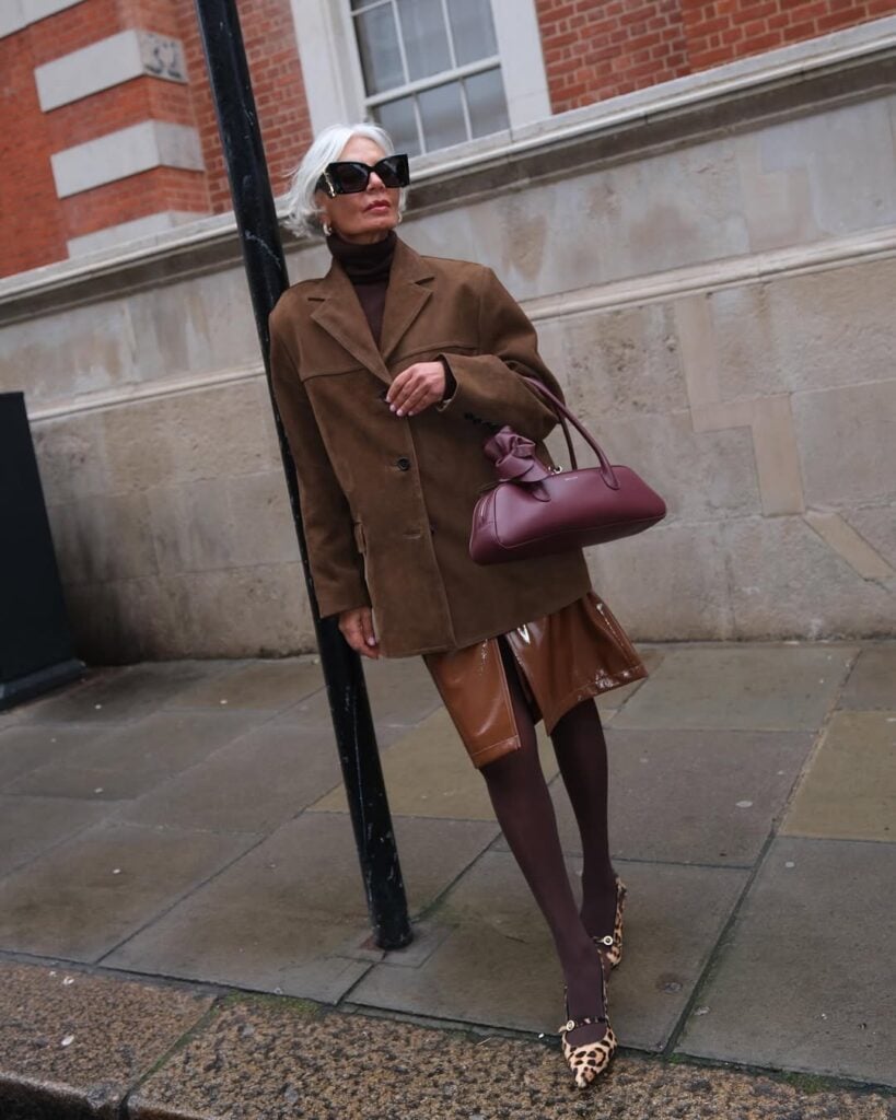 Chic Winter Look with a Suede Blazer and Patent Skirt — Winter Outfits for Women Over 50