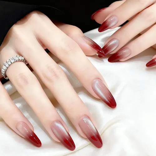 Red Cat-Eye Shimmer Stiletto Ombre — Winter Ombre Nails
