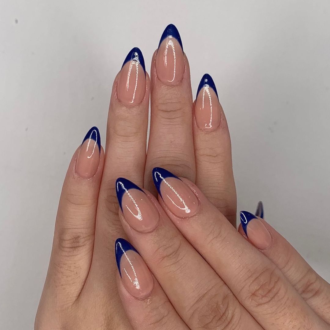 Sheer Nude With Dark Blue French Tips — Winter Blue Nails