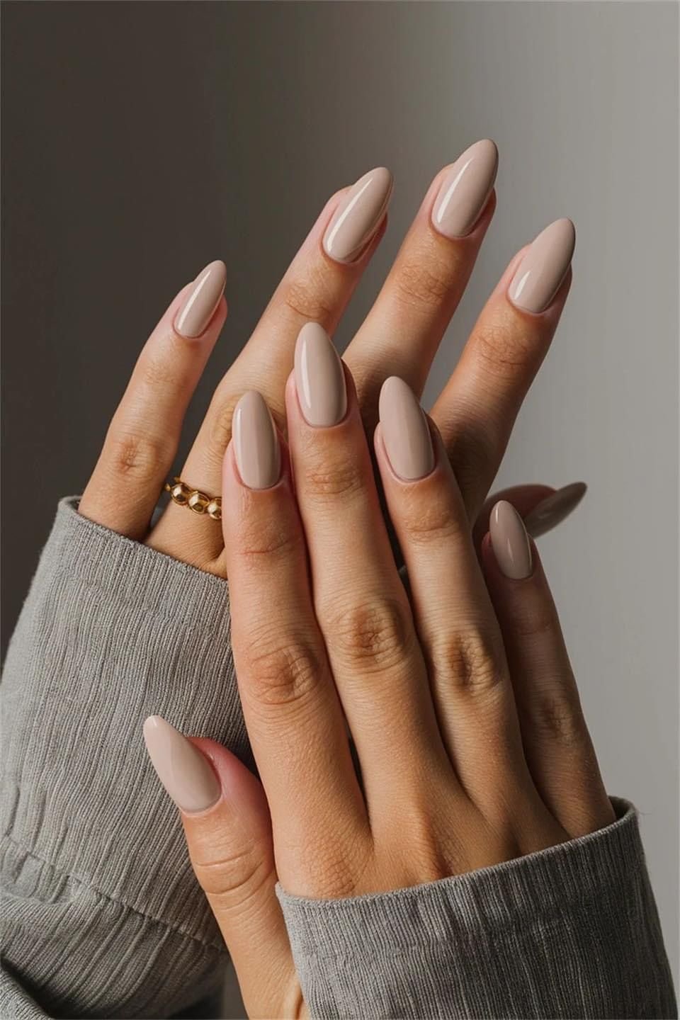 Glossy Neutral Beige-Nude Almond Nails — Short Winter Almond Nails