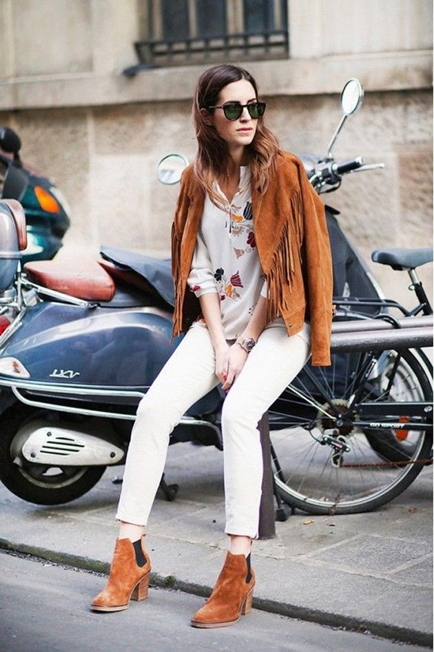 Boho Chic: Fringed Jacket, White Jeans, and Suede Ankle Boots — Ankle Boots Outfits