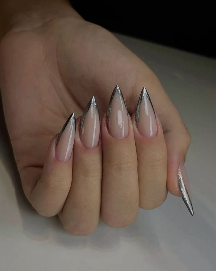 Long Stiletto French with Metallic Silver Outline Long Stiletto French with Metallic Silver Outline — Winter Stiletto Nails