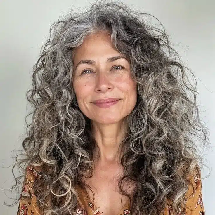 Embrace Natural Grey Mid-Back Curls Embrace Natural Grey Mid-Back Curls — Winter Hair Colors for Women Over 60