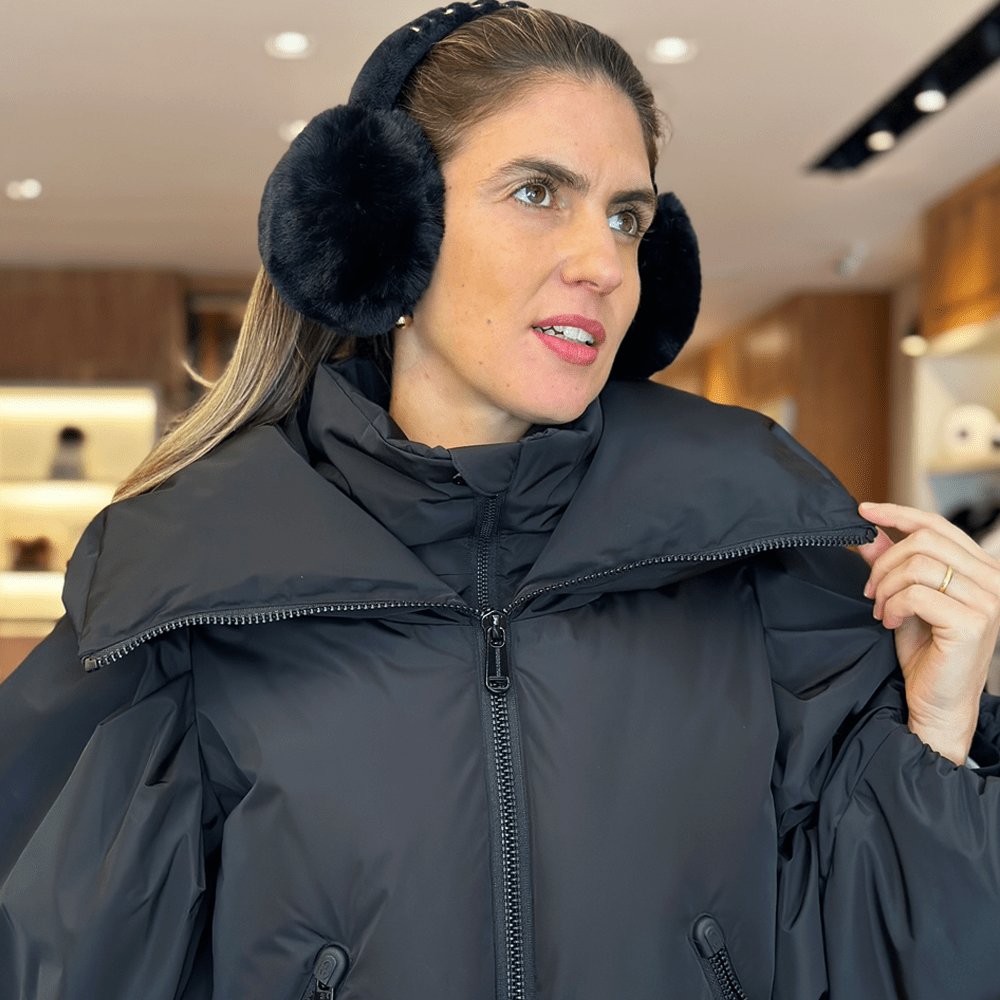 Black Fluffy Faux Fur Earmuffs with an Oversized Puffer Jacket Black Fluffy Faux Fur Earmuffs with an Oversized Puffer Jacket — Earmuffs Outfits