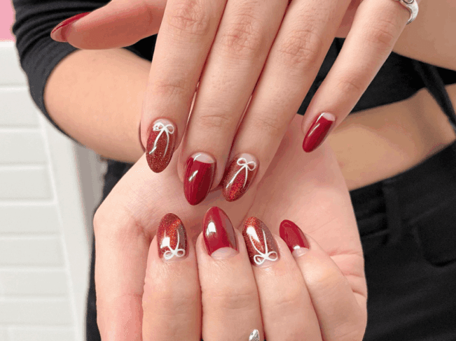 Deep Red Holiday Bow Nails Deep Red Holiday Bow Nails — Winter Nail Colors for Pale Skin
