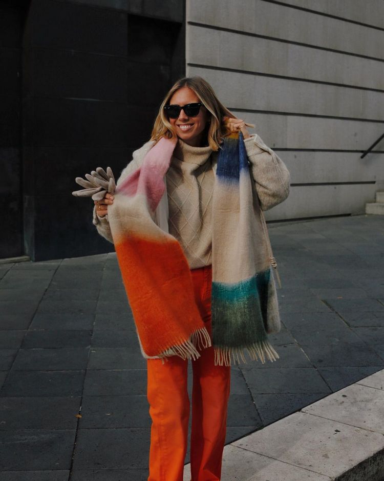 Diamond-Patterned Turtleneck with Bold Scarf for Cozy Chic — Winter Going Out Outfits