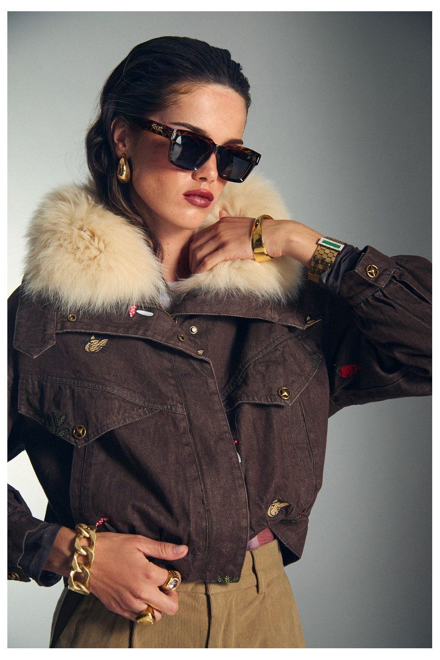 Statement Collar: Cropped Denim Jacket with Fur Trim — Brown Coat Outfits