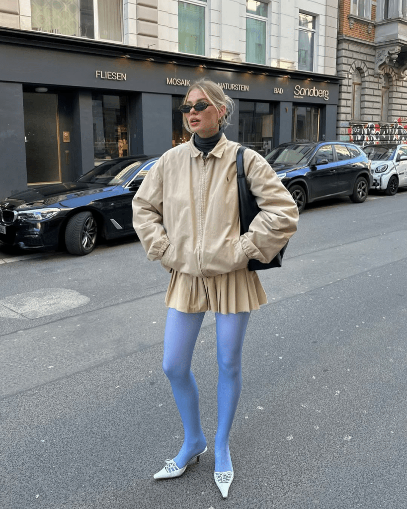 Light Blue Opaque Tights with a Beige Jacket and Mini Skirt — Tights Outfits
