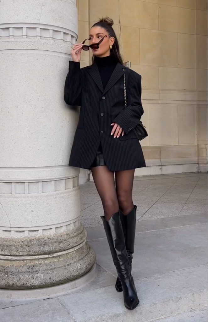 Edgy Black Leather Over-the-Knee Boots with Mini Skirt and Blazer — Over the Knee Boots Outfits