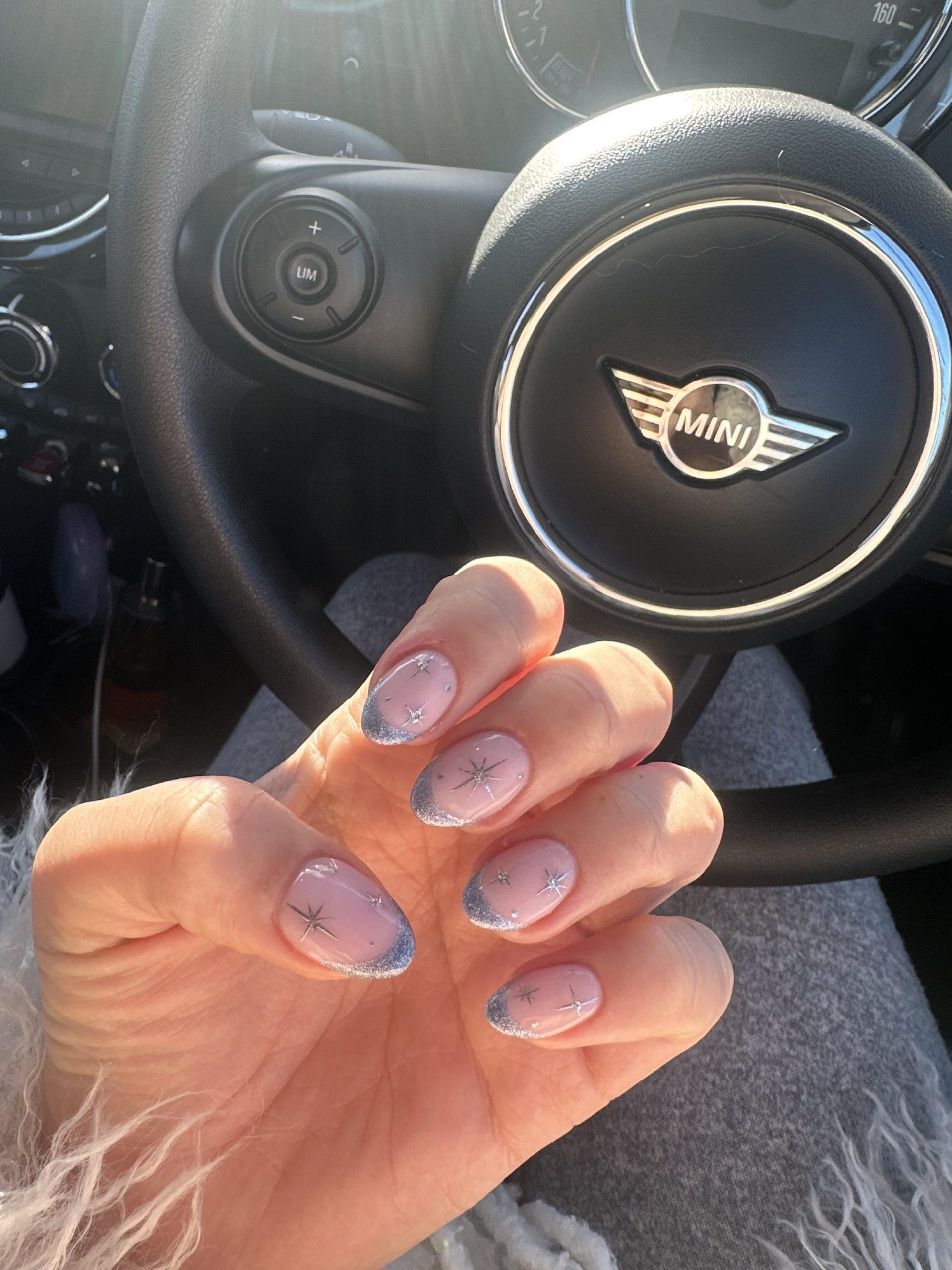 Short Oval Silver Glitter French — Winter Acrylic Nail Colors
