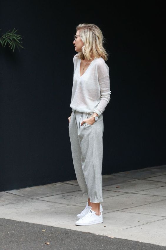 Sheer White Long-Sleeve Top with Grey Trousers — Loungewear Outfits