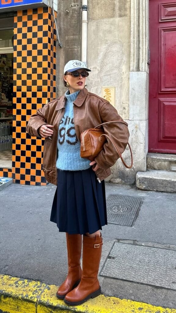 Fashion-Forward Streetwear with Tan Buckle Boots — Knee High Boots Outfits
