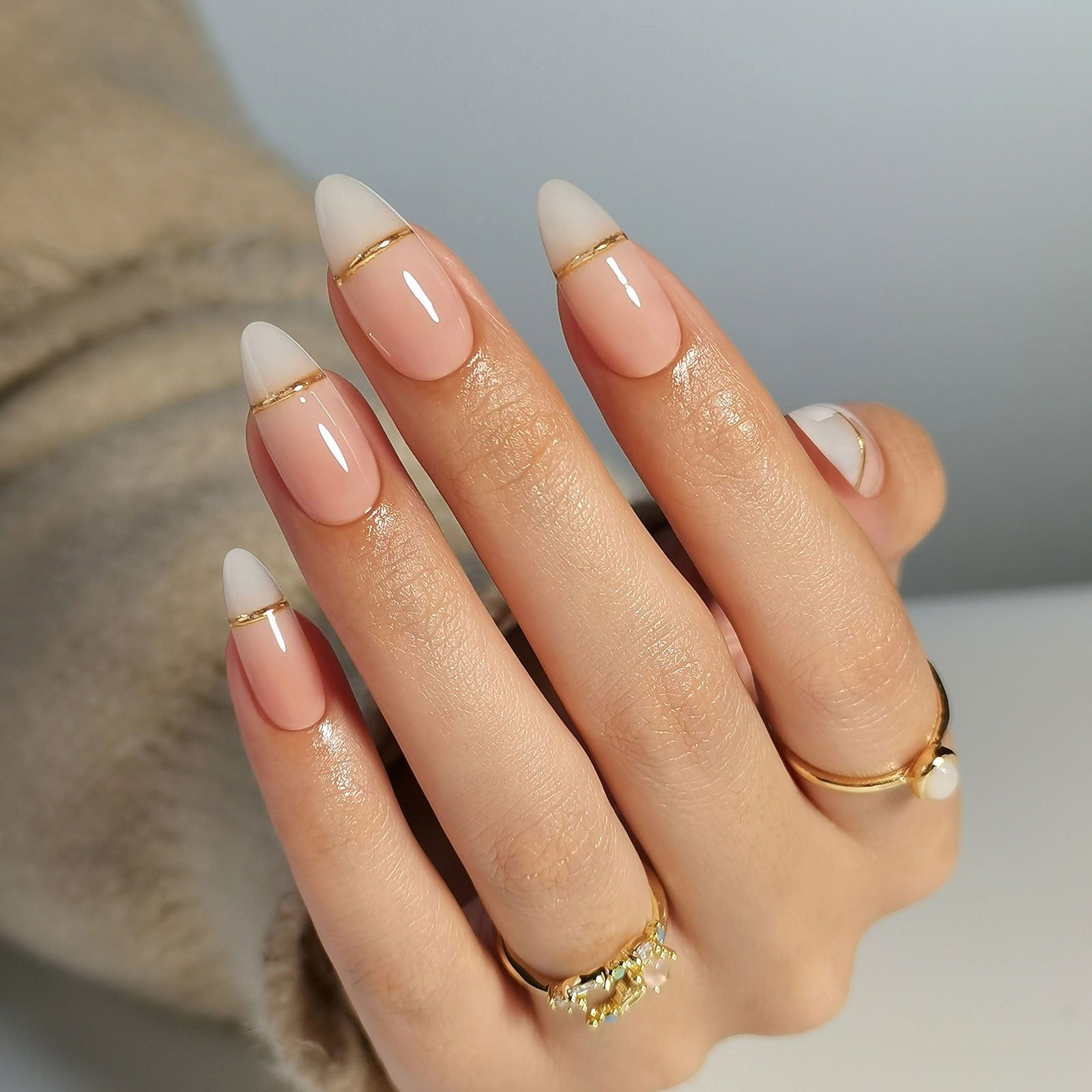 Sheer Pink French with Gold Cuticle Line — Winter Nude Nails