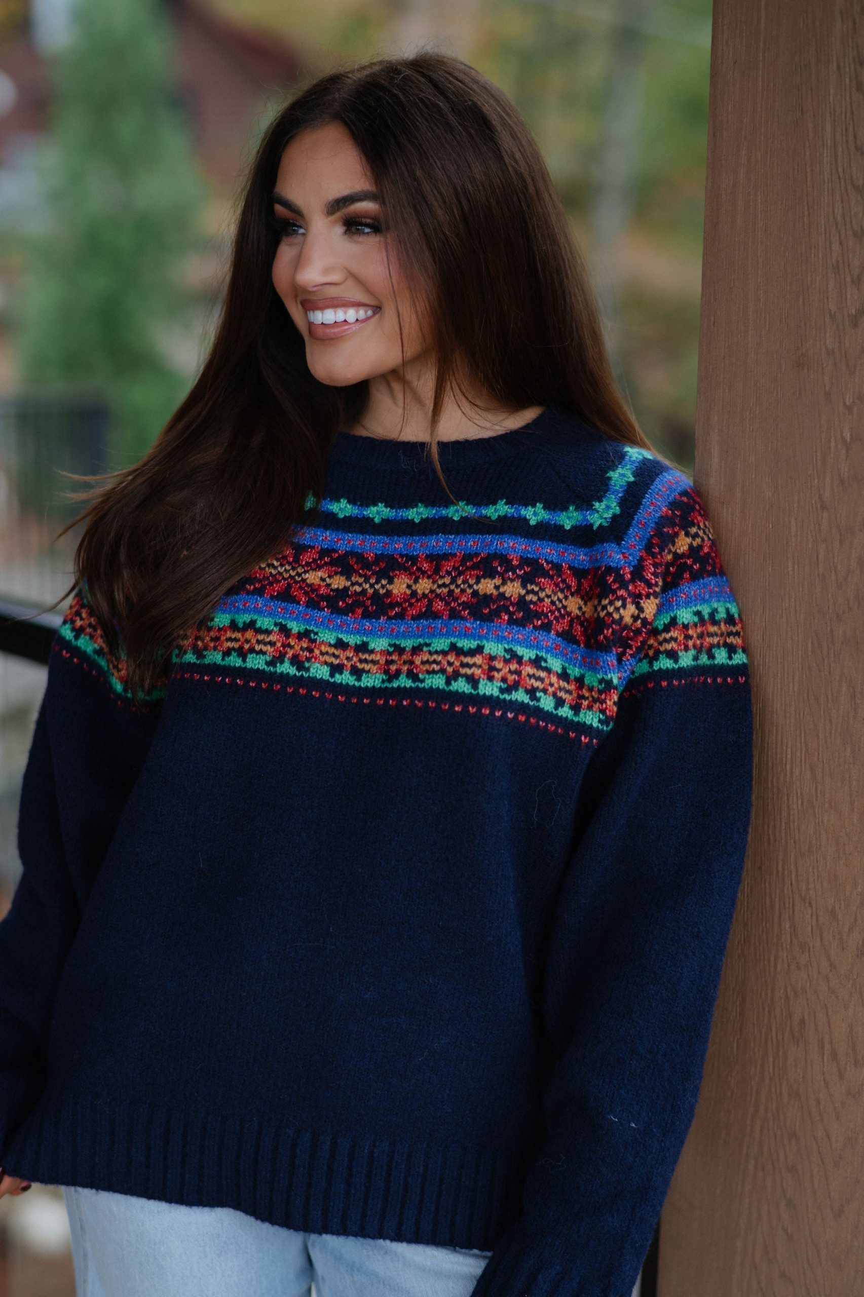 Oversized Navy Fair Isle Sweater with Multicolor Pattern — Fair Isle Sweater Outfits