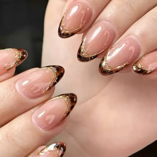 Leopard Print French Tip Almond — Medium Length Winter Nails