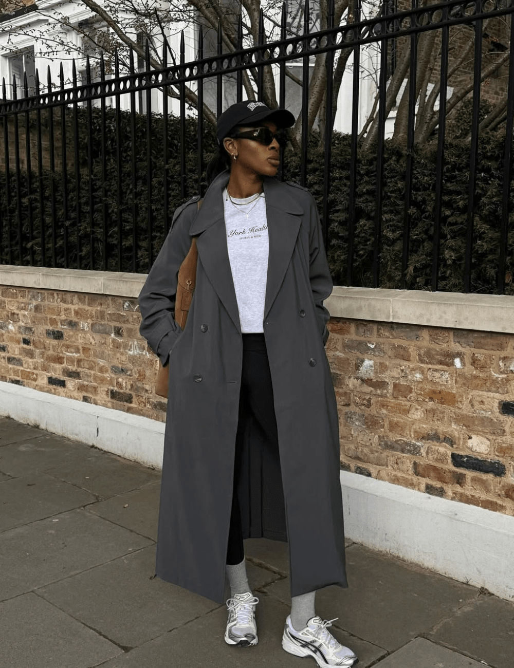 Grey Trench Coat Ensemble with Black Leggings — Winter Outfits with Leggings