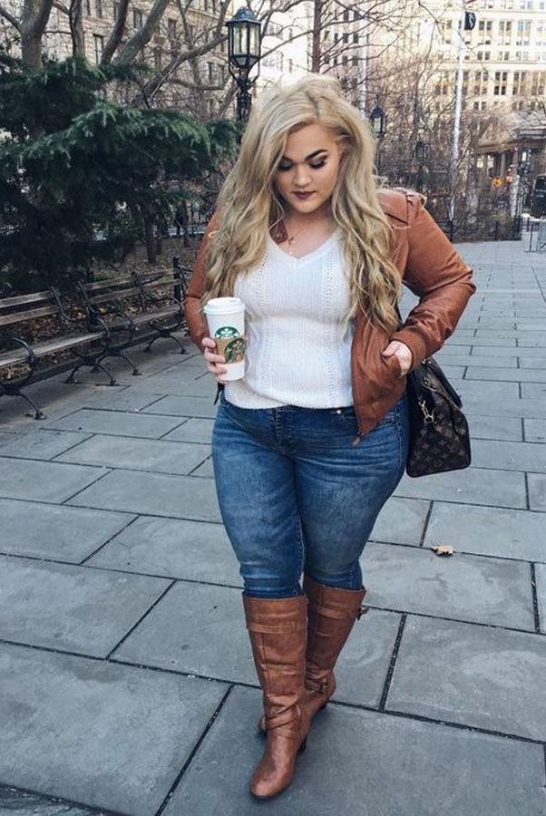 Classic Combination: Leather Jacket, Jeans, and Knee-High Boots — Winter Outfits for Plus Size Women