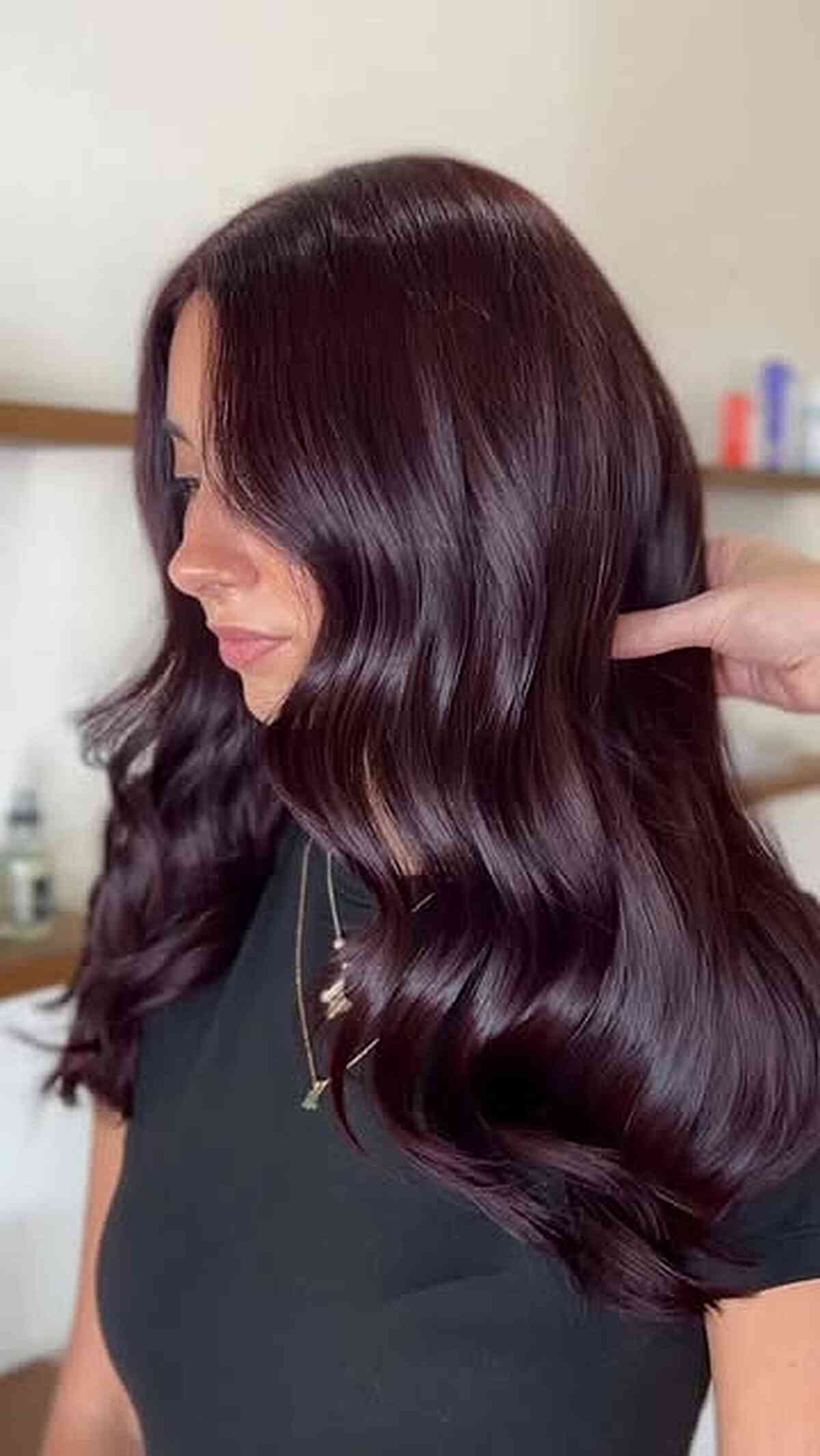 Deep Plum With Wavy Curtain Bangs — Plum Hair Color