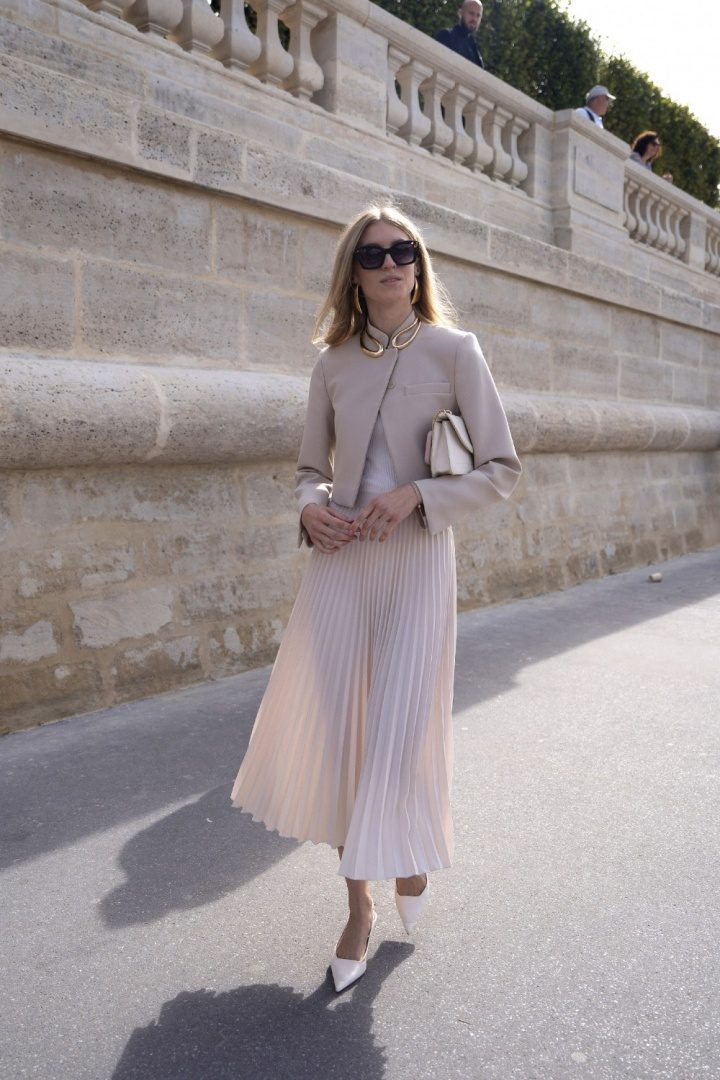 Structured Cropped Jacket Paired with a Pleated Midi Skirt — Paris Winter Outfits