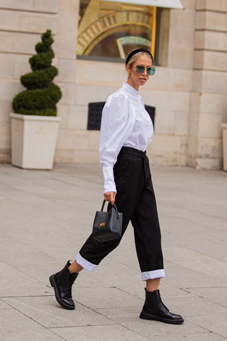 Classic Black and White Smart Casual with Voluminous Sleeves Classic Black and White Smart Casual with Voluminous Sleeves — Combat Boots Outfits
