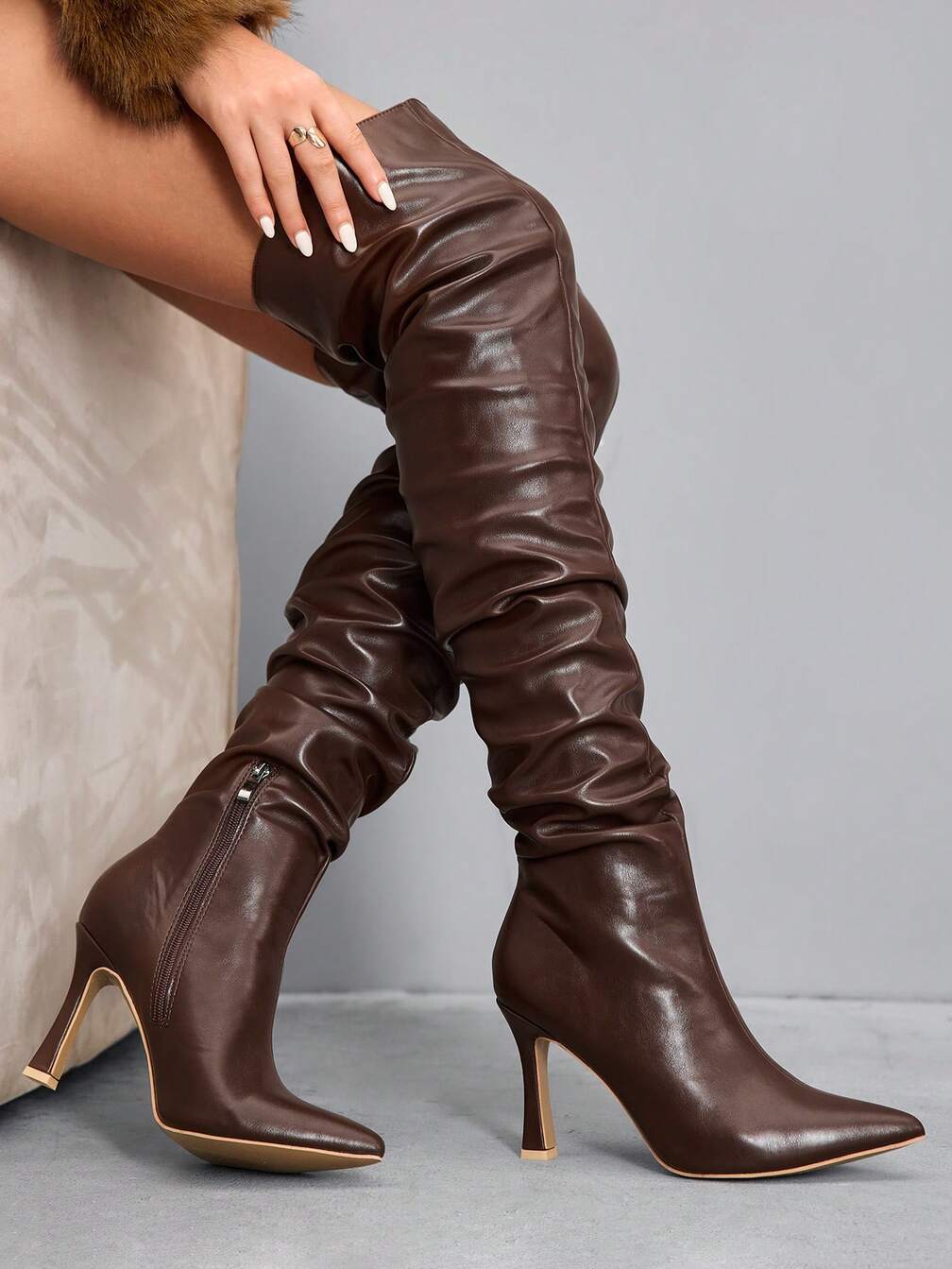 Party Ready: Brown Faux Leather Over-the-Knee Slouchy Boots — Slouchy Boots Outfits