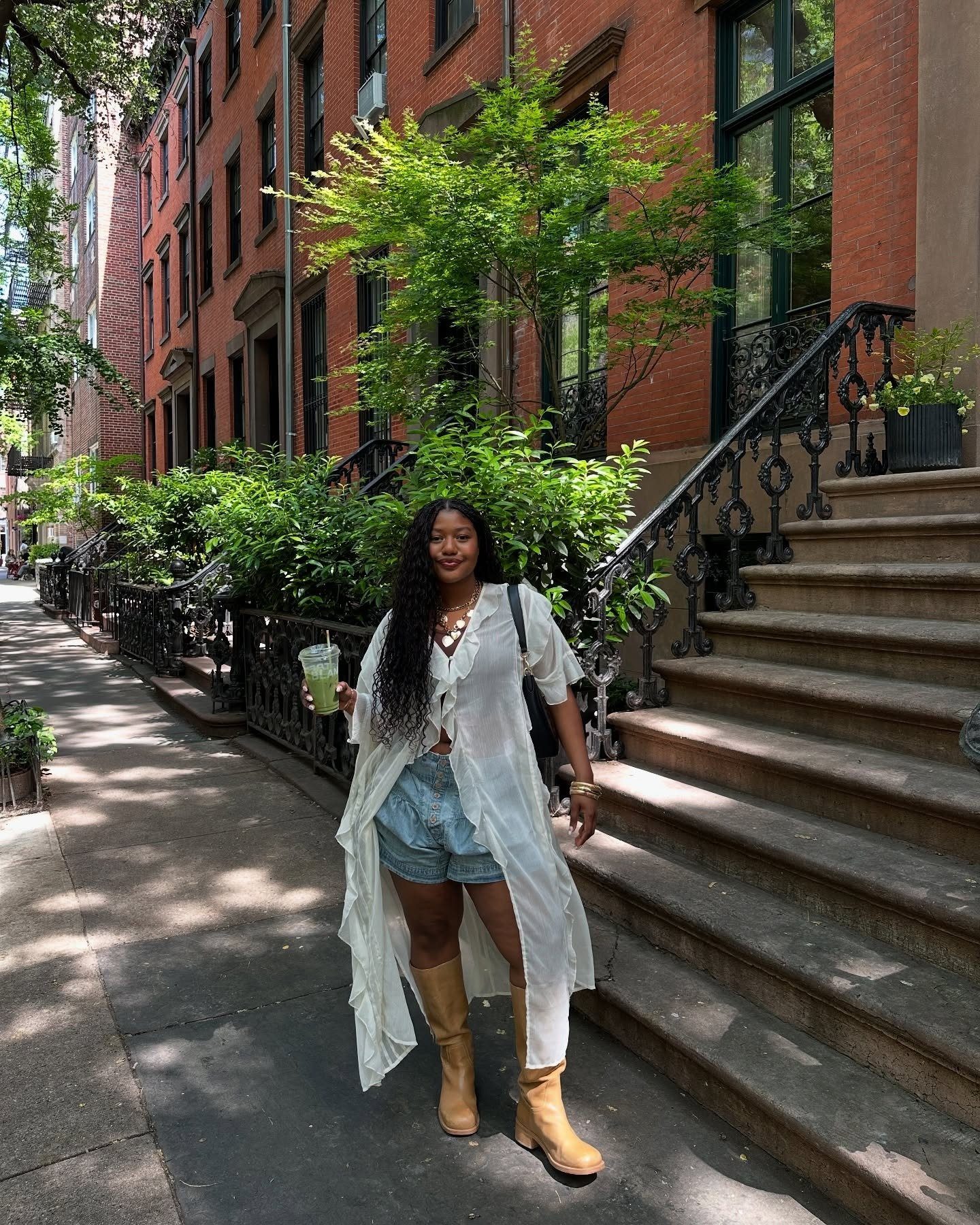 Relaxed Casual with Tan Boots and Denim Shorts — Knee High Boots Outfits