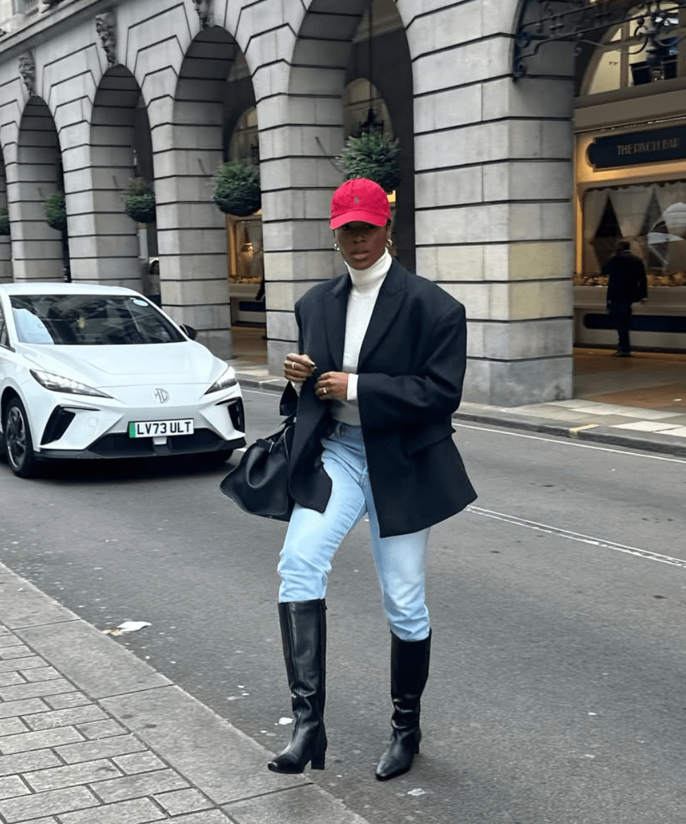 Classic Ensemble with Knee-High Boots and Blazer — Black Boots Outfits