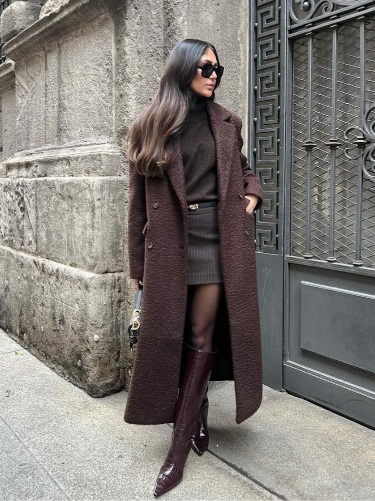 Elegant Autumn/Winter: Textured Brown Coat with Pinstripe Skirt — Brown Coat Outfits