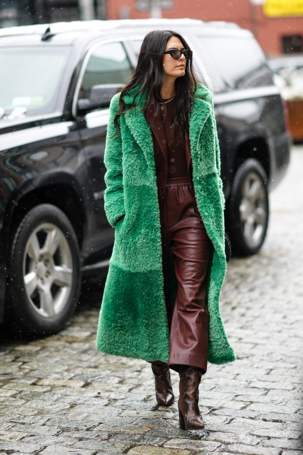 Green Patchwork Faux Fur Coat Over Faux Leather Jumpsuit — NYC Winter Outfits