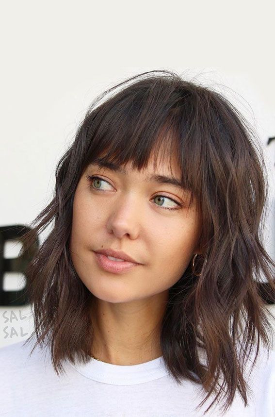 Dark Brown Lob With Blunt Bangs — Winter Lob Haircuts