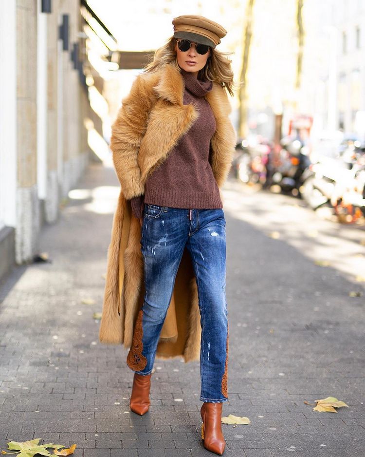 Faux Fur Knit Denim Outfit Idea — Faux Fur Coat Outfits