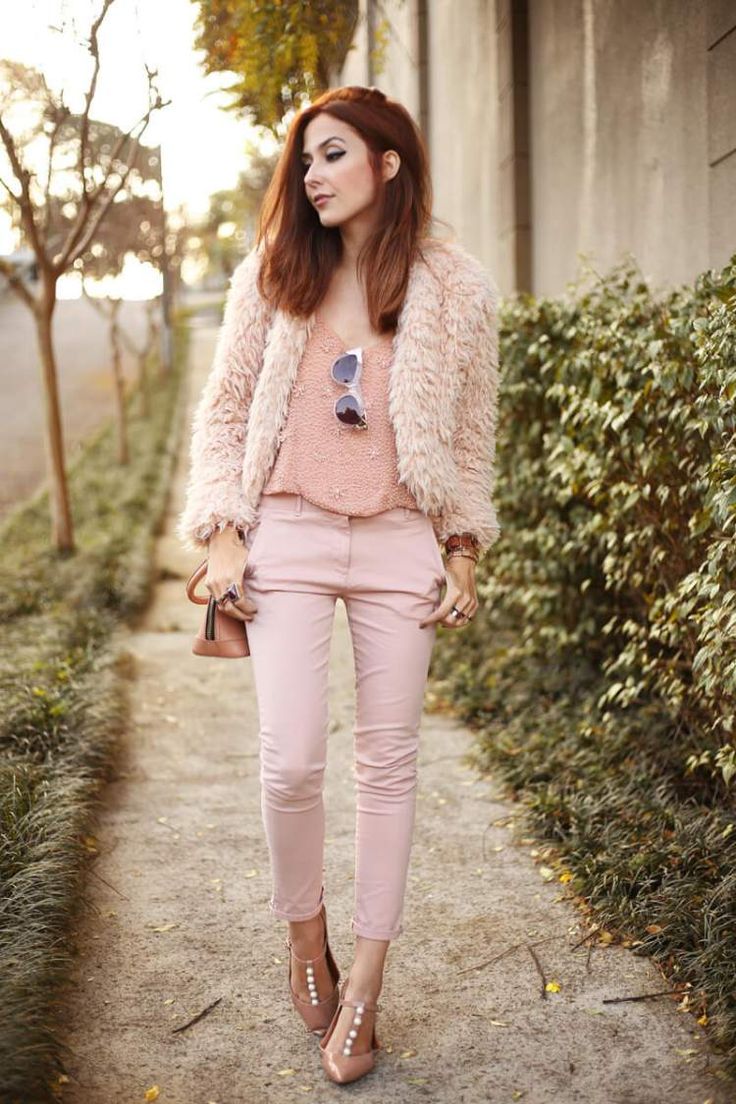 Monochromatic Pink Faux Fur Jacket with Slim Trousers — Casual Winter Outfits