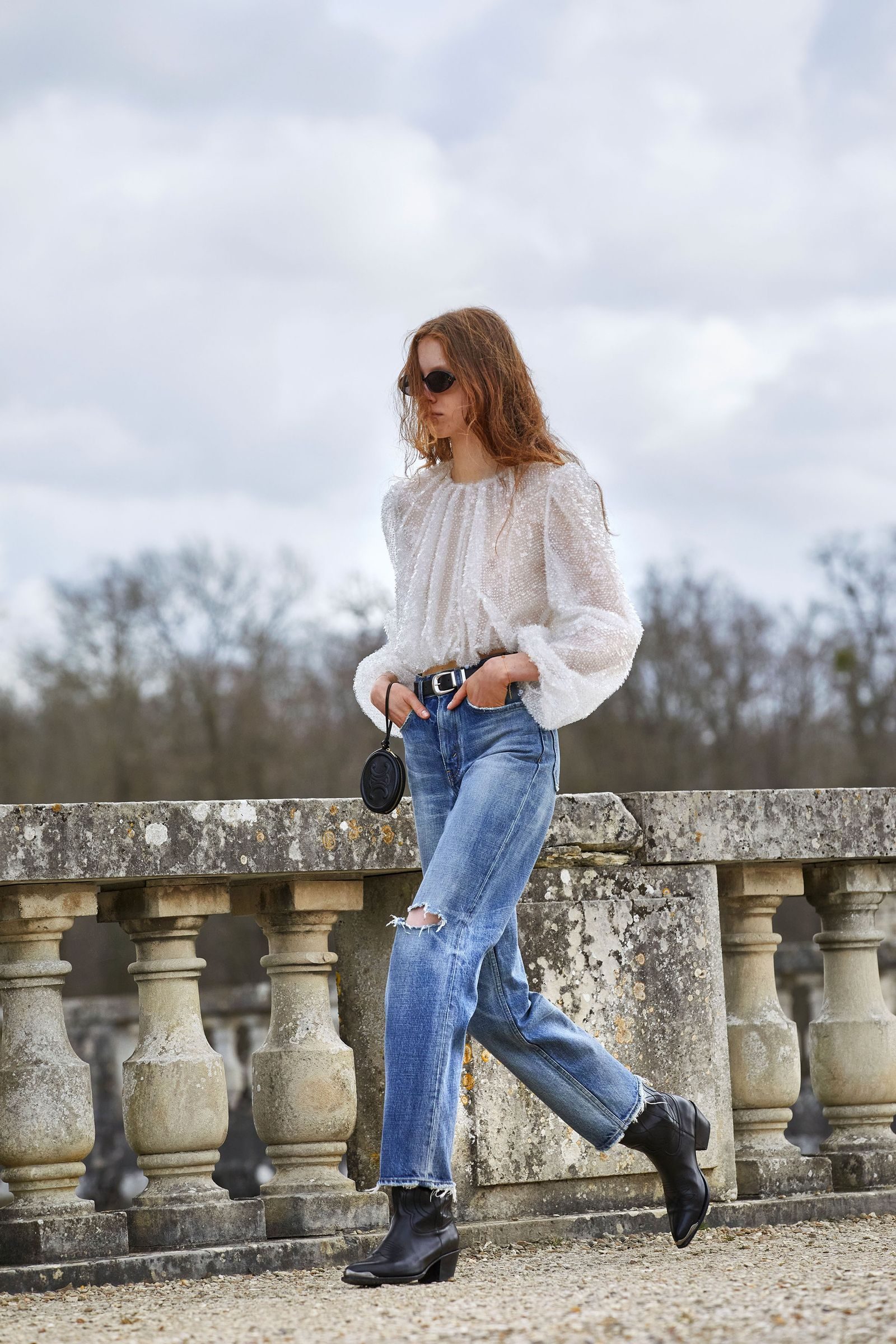 Ripped Straight-Leg Jeans with a Sequined Blouse for Evening Casual — Winter Outfits with Jeans