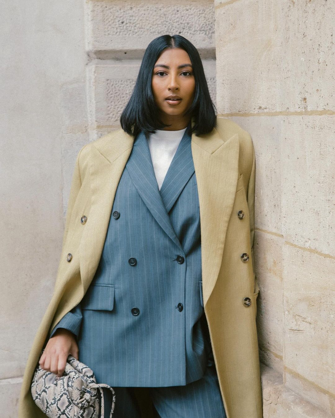 Oversized Beige Coat Over a Pinstripe Suit — Long Coat Outfits