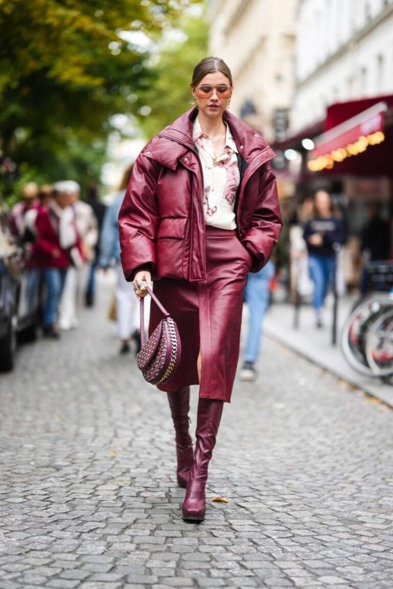 Burgundy Leather Puffer with Matching Skirt and Boots — Winter Puffer Jacket Outfits